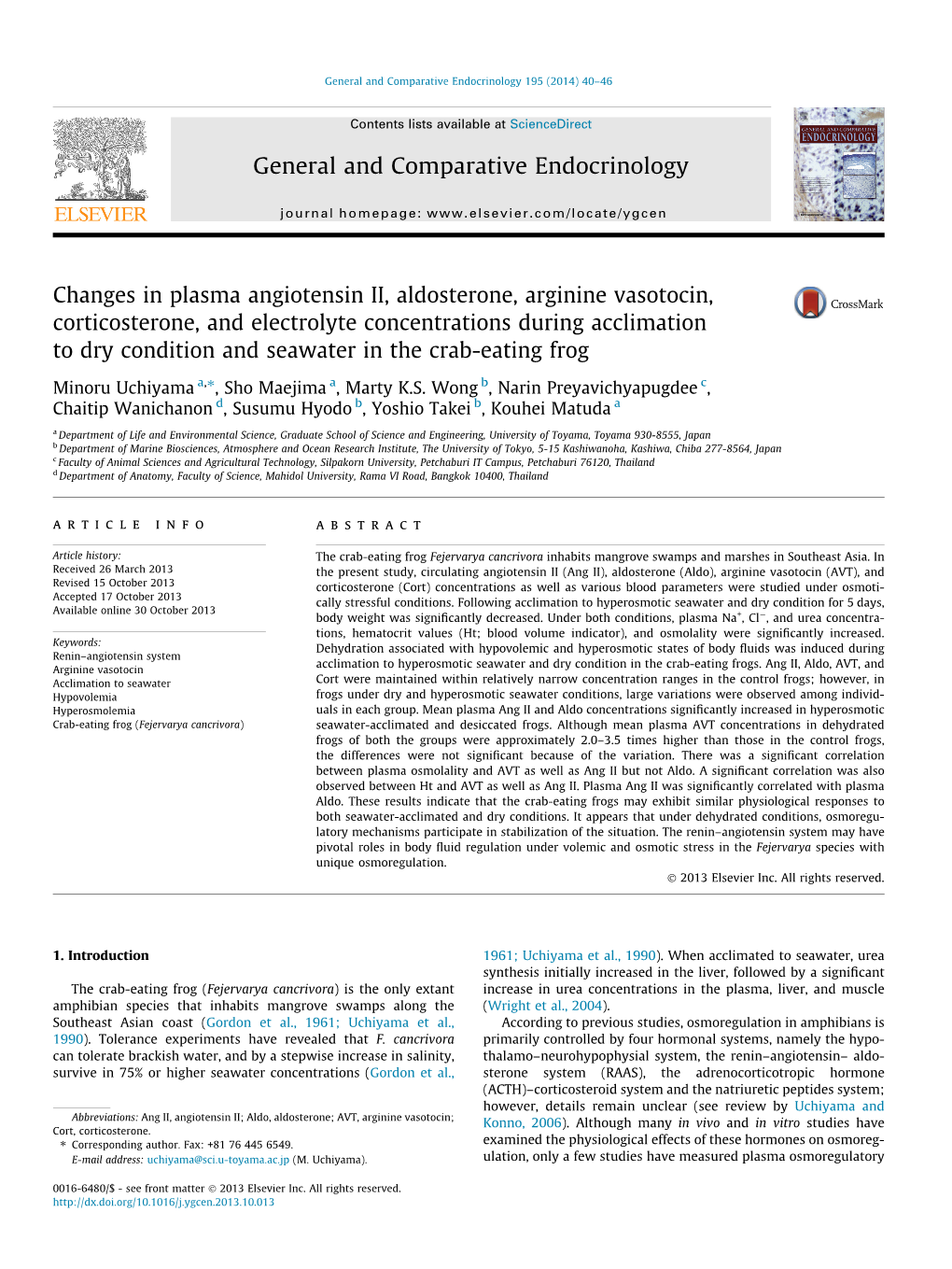 Changes in Plasma Angiotensin II, Aldosterone, Arginine Vasotocin, Corticosterone, and Electrolyte Concentrations During Acclima