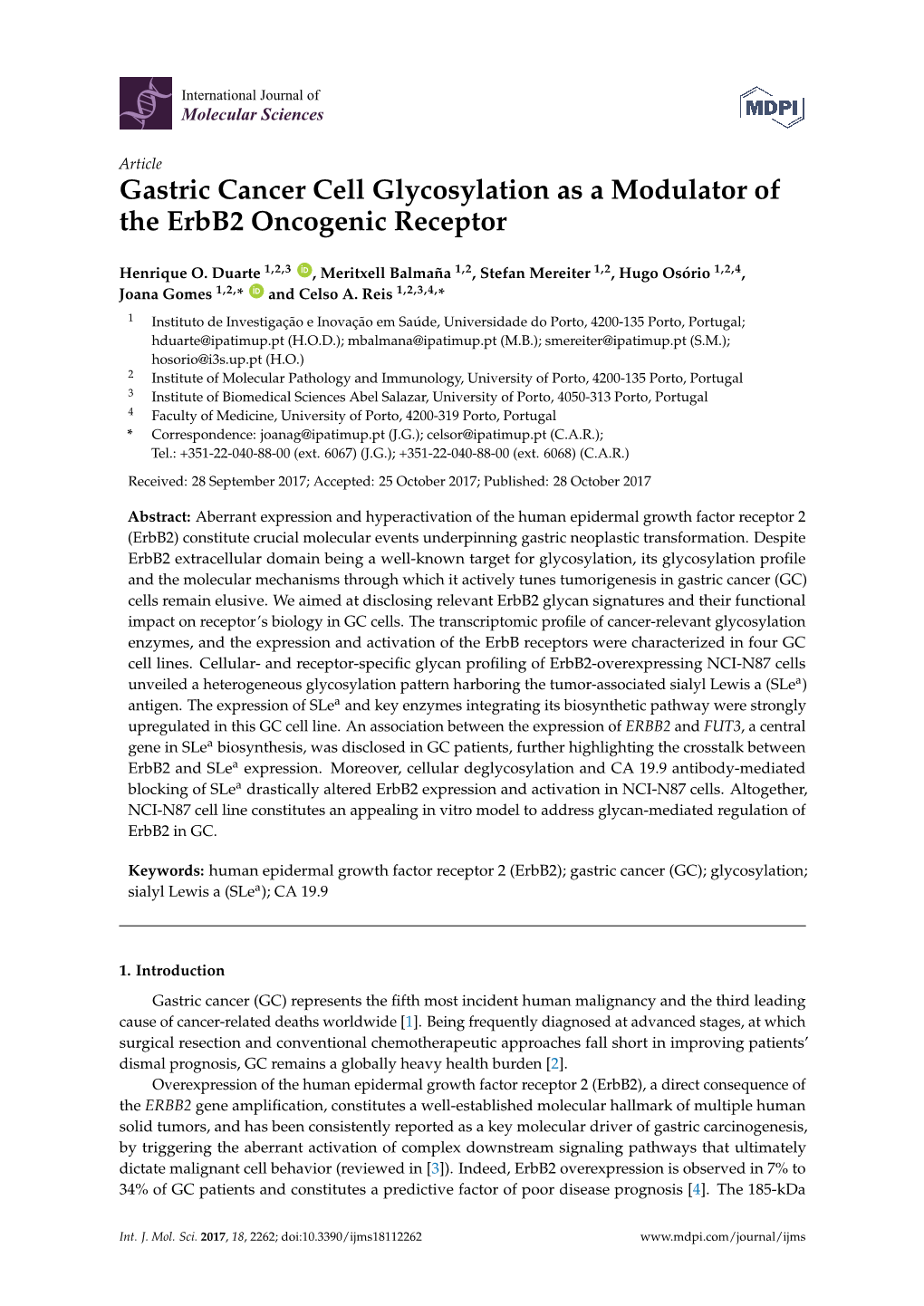 Gastric Cancer Cell Glycosylation As a Modulator of the Erbb2 Oncogenic Receptor