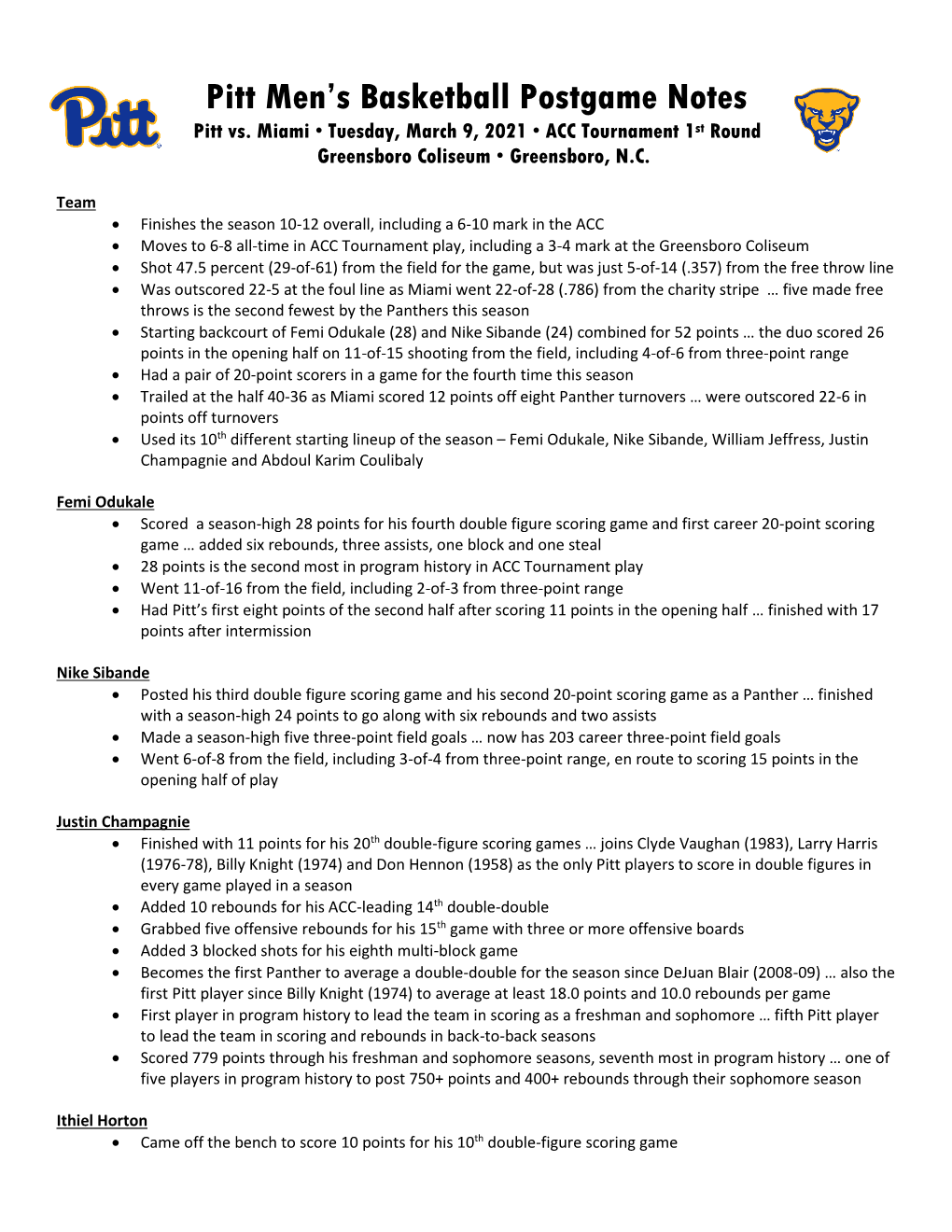 Pitt Men's Basketball Postgame Notes