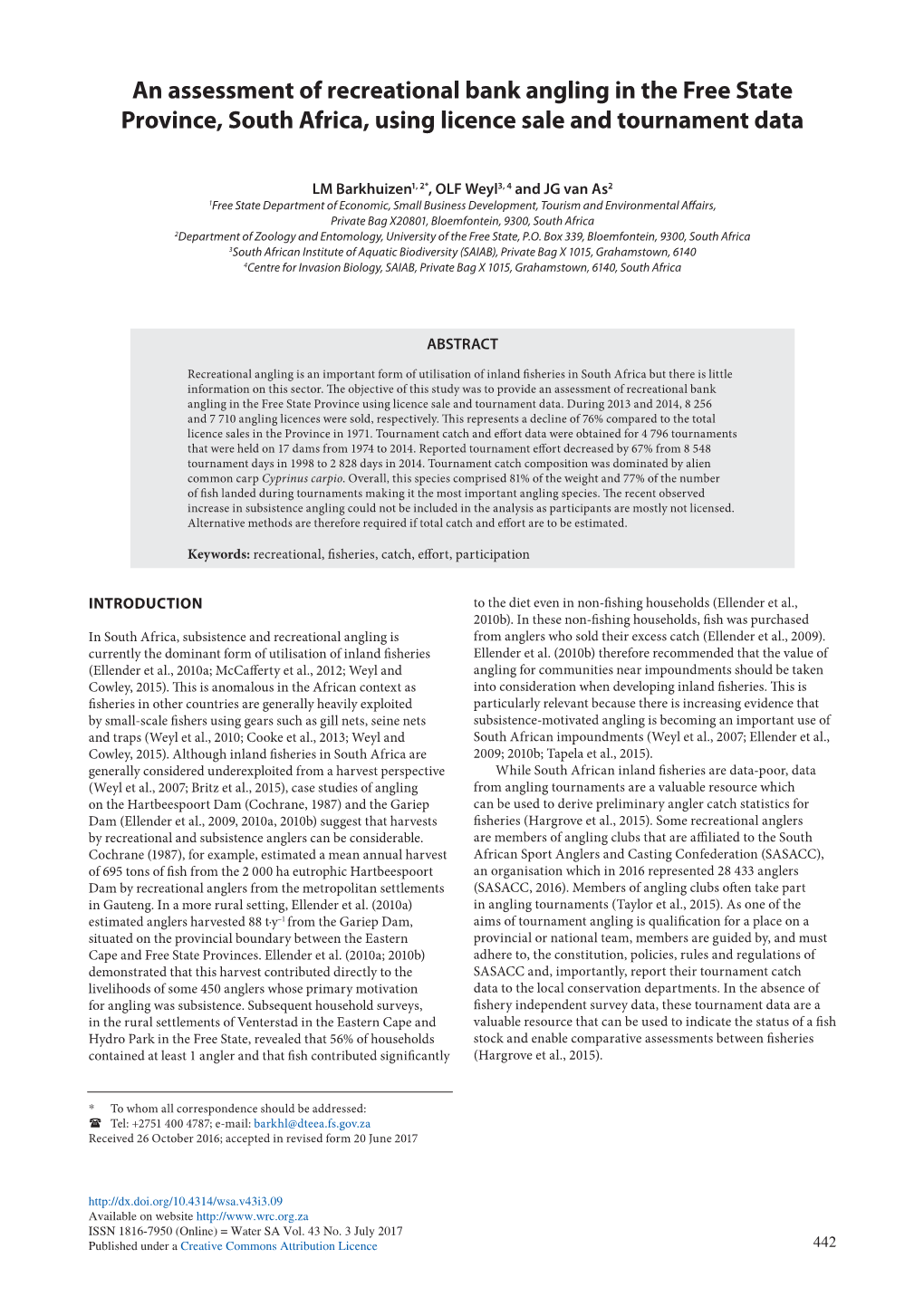 An Assessment of Recreational Bank Angling in the Free State Province, South Africa, Using Licence Sale and Tournament Data