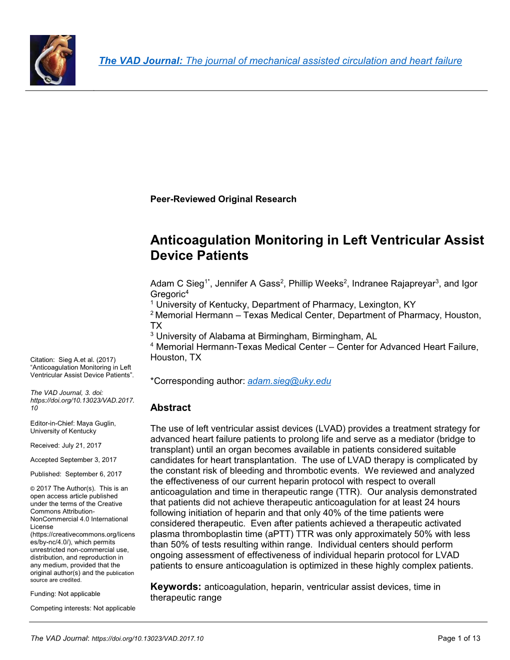 Anticoagulation Monitoring in Left Ventricular Assist Device (LVAD)