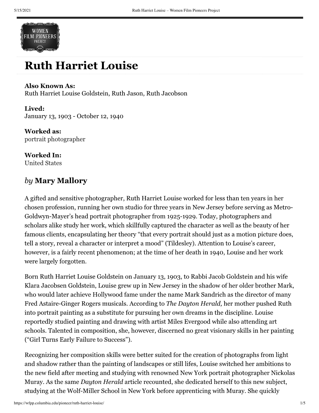 Ruth Harriet Louise – Women Film Pioneers Project