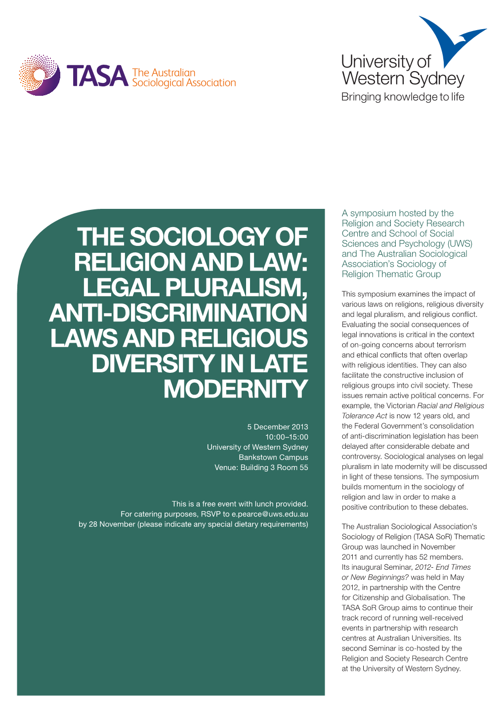 The Sociology of Religion and Law in Order to Make a This Is a Free Event with Lunch Provided