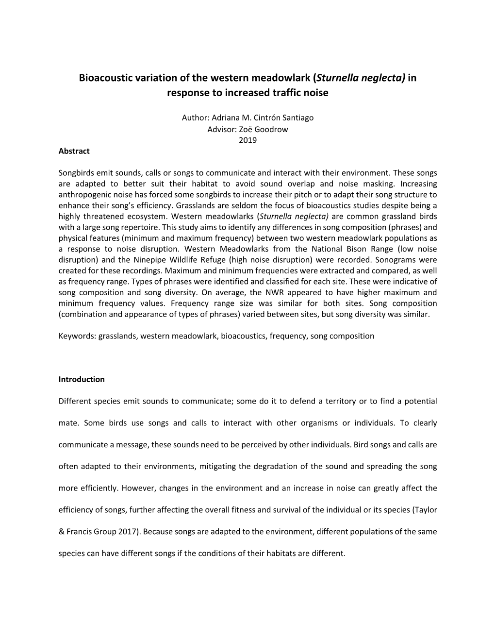 Bioacoustic Variation of the Western Meadowlark (Sturnella Neglecta) in Response to Increased Traffic Noise