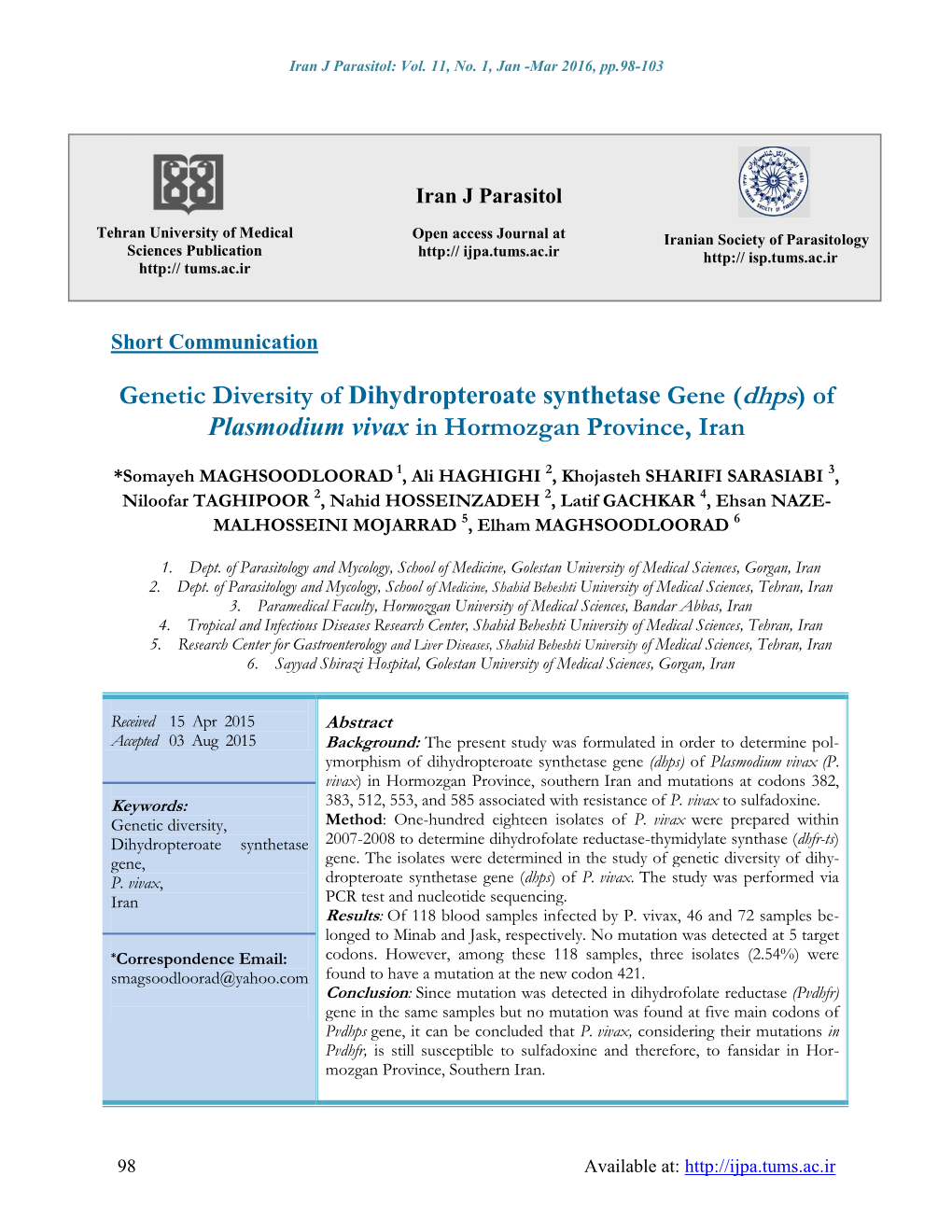 Genetic Diversity of Dihydropteroate Synthetase Gene (Dhps) of Plasmodium Vivax in Hormozgan Province, Iran