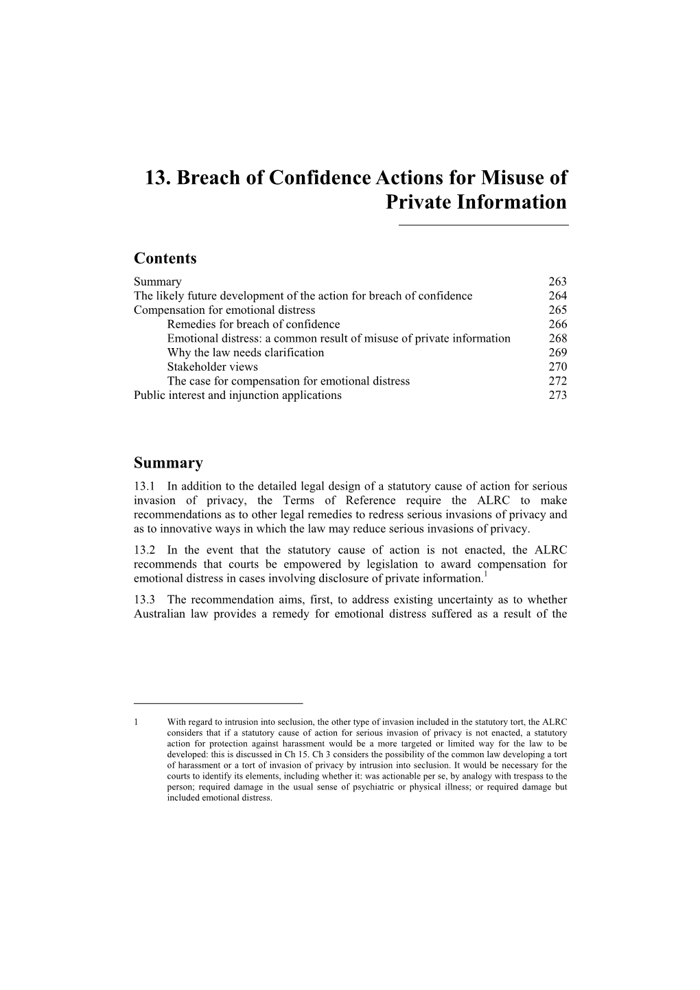 13. Breach of Confidence Actions for Misuse of Private Information