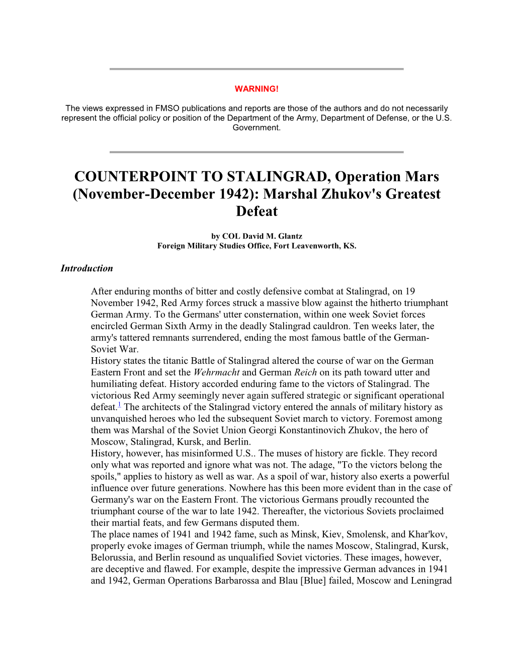 COUNTERPOINT to STALINGRAD, Operation Mars (November-December 1942): Marshal Zhukov's Greatest Defeat