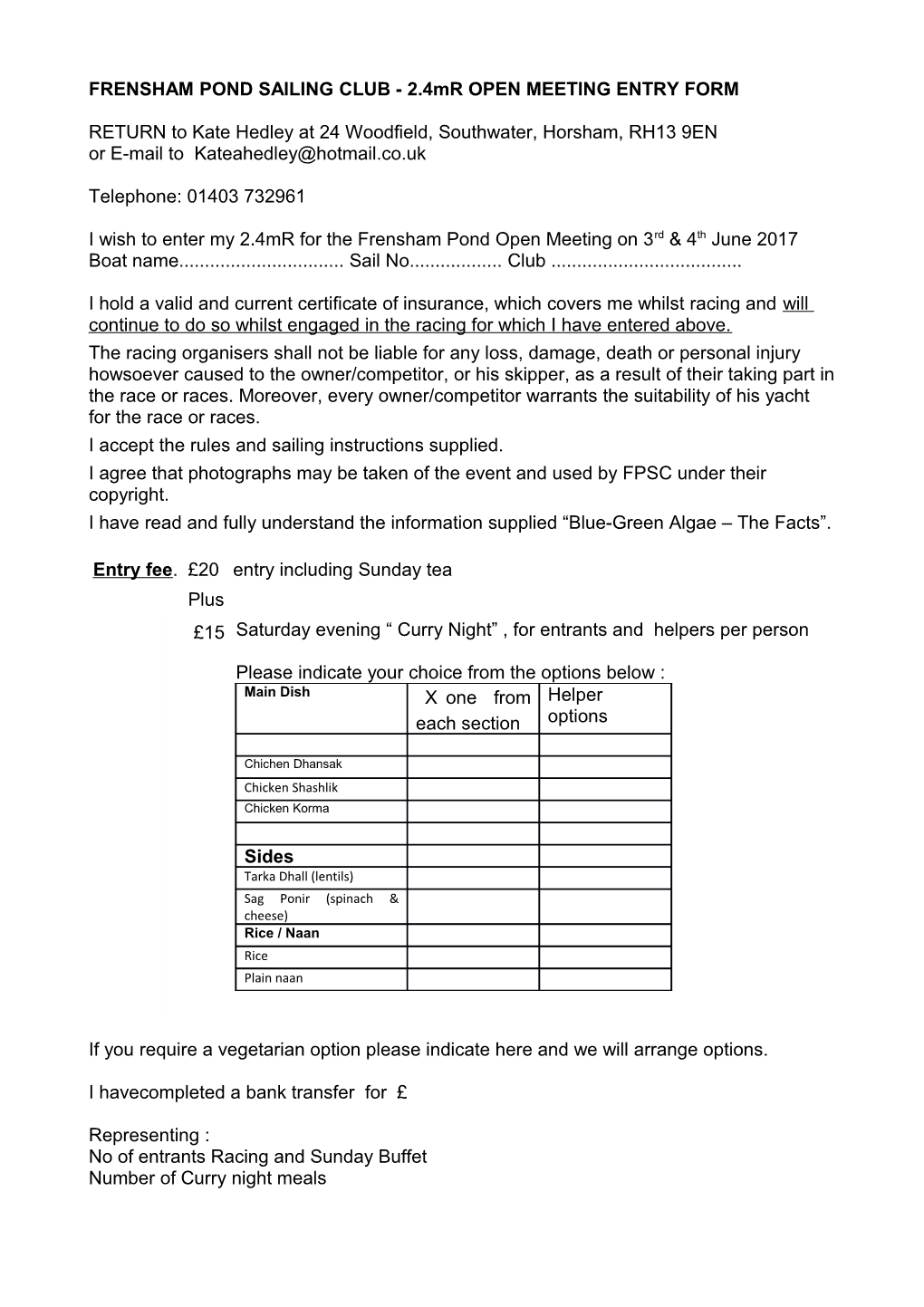 FRENSHAM POND SAILING CLUB - 2.4Mr OPEN MEETING ENTRY FORM