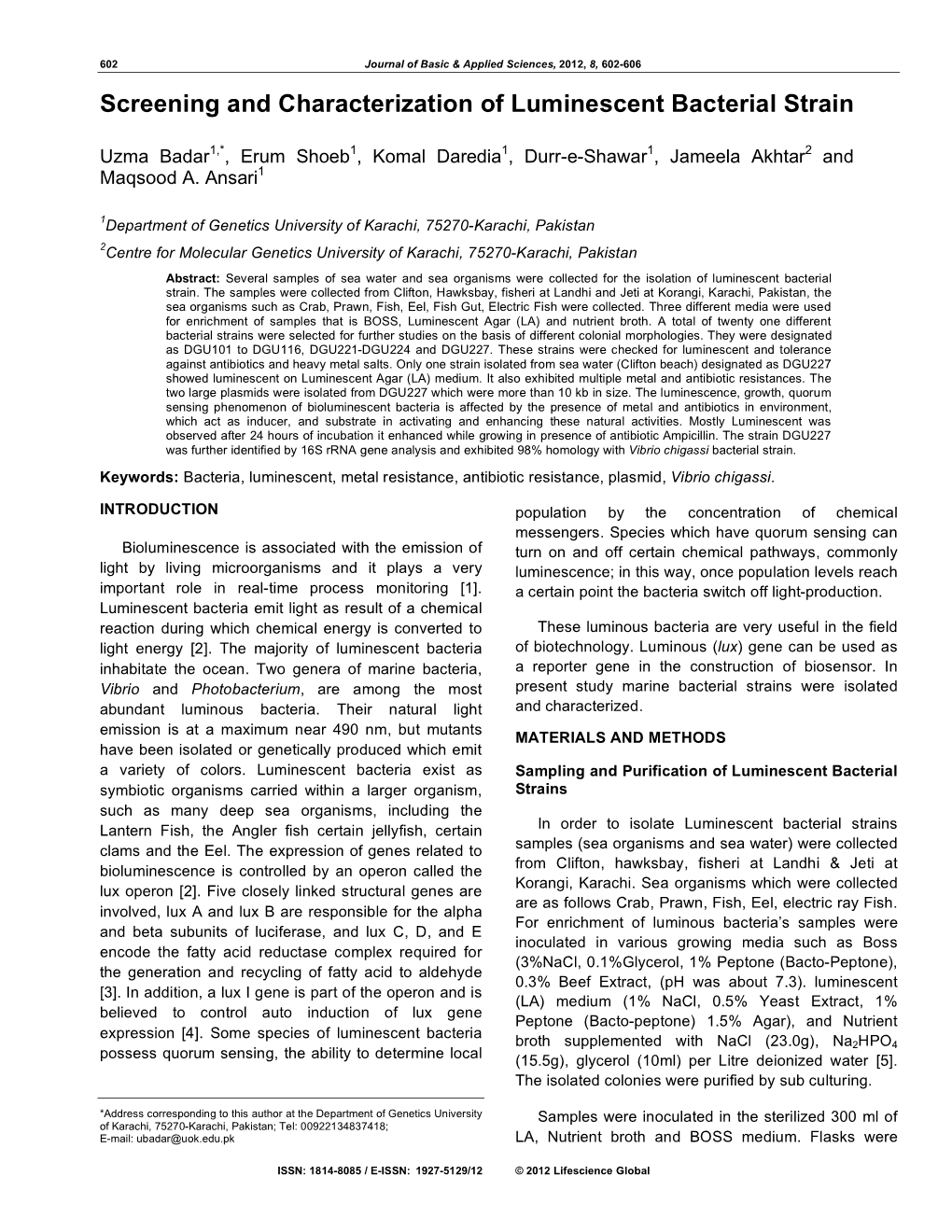 Screening and Characterization of Luminescent Bacterial Strain