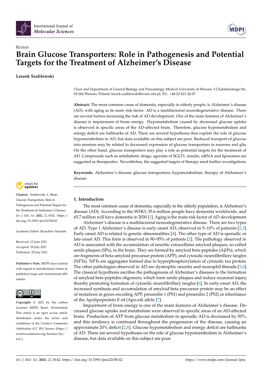 Brain Glucose Transporters: Role in Pathogenesis and Potential Targets for the Treatment of Alzheimer’S Disease