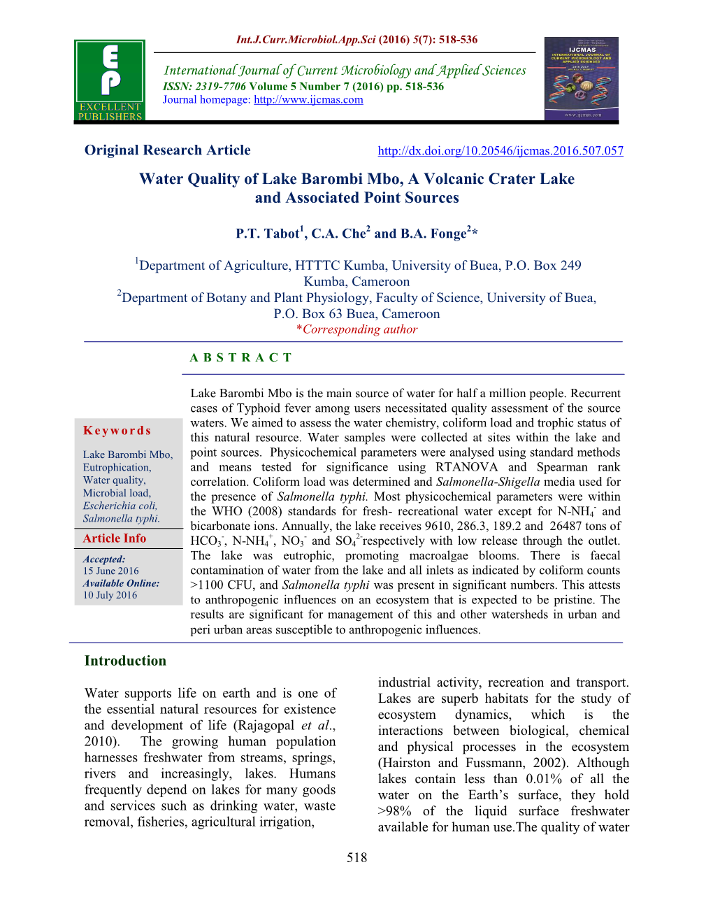 Water Quality of Lake Barombi Mbo, a Volcanic Crater Lake and Associated Point Sources