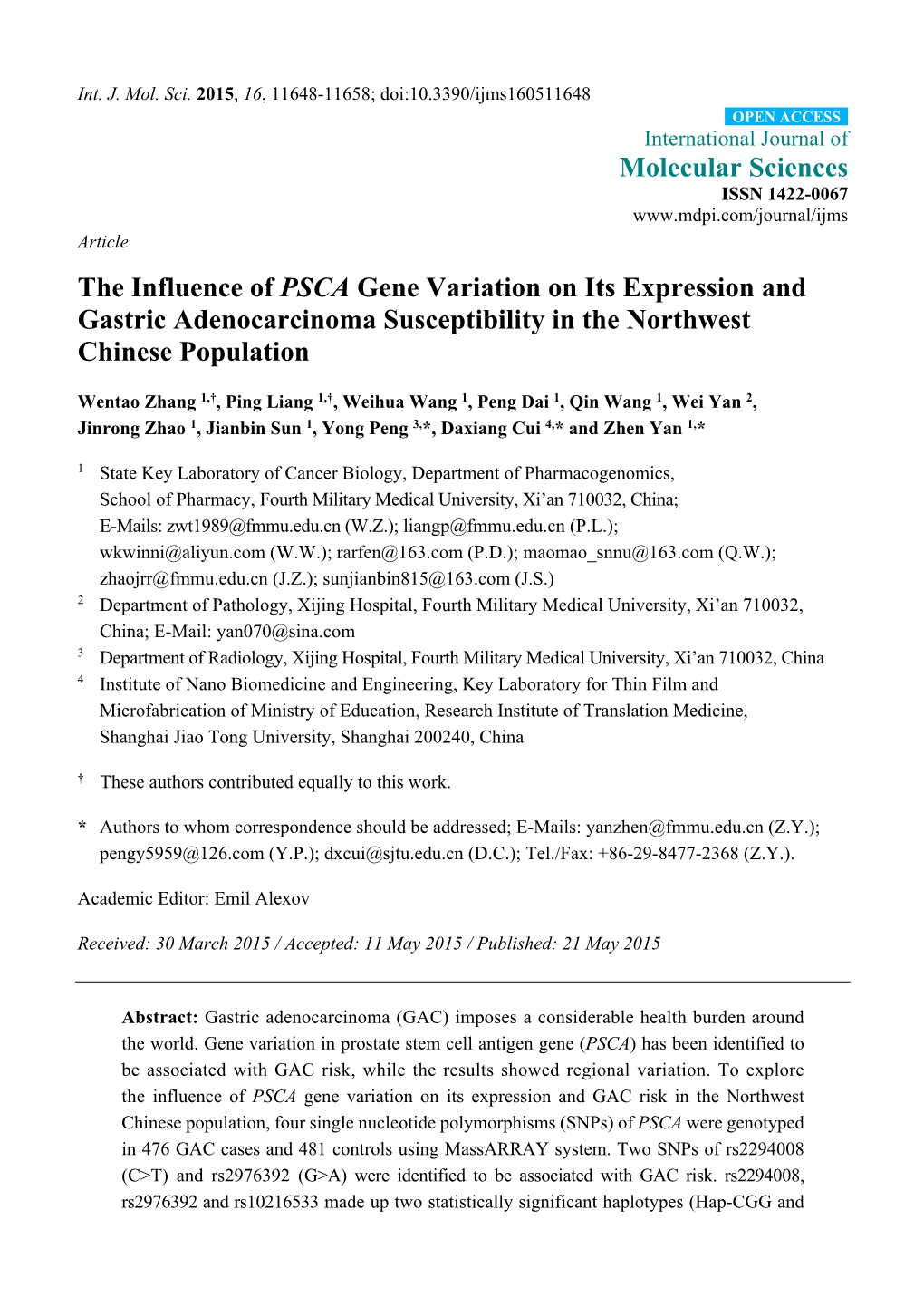 The Influence of PSCA Gene Variation on Its Expression and Gastric Adenocarcinoma Susceptibility in the Northwest Chinese Population