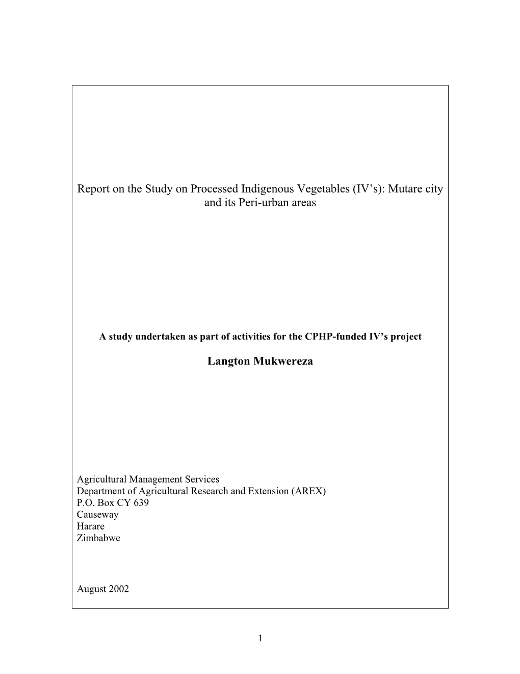 Mutare City and Its Peri-Urban Areas Langton Mukwereza