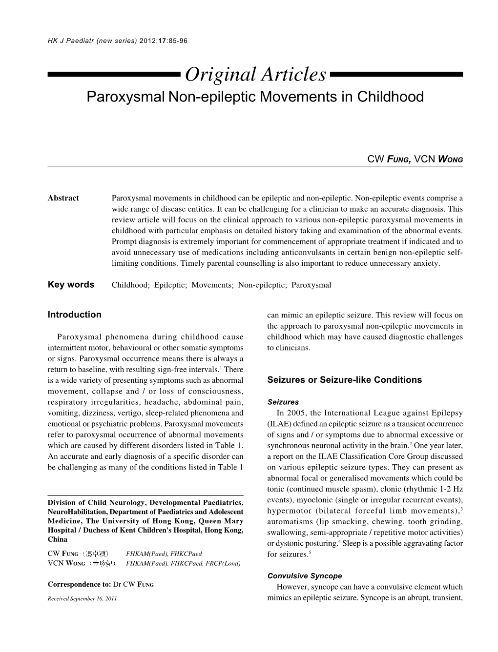 Original Articles Paroxysmal Non-Epileptic Movements in Childhood