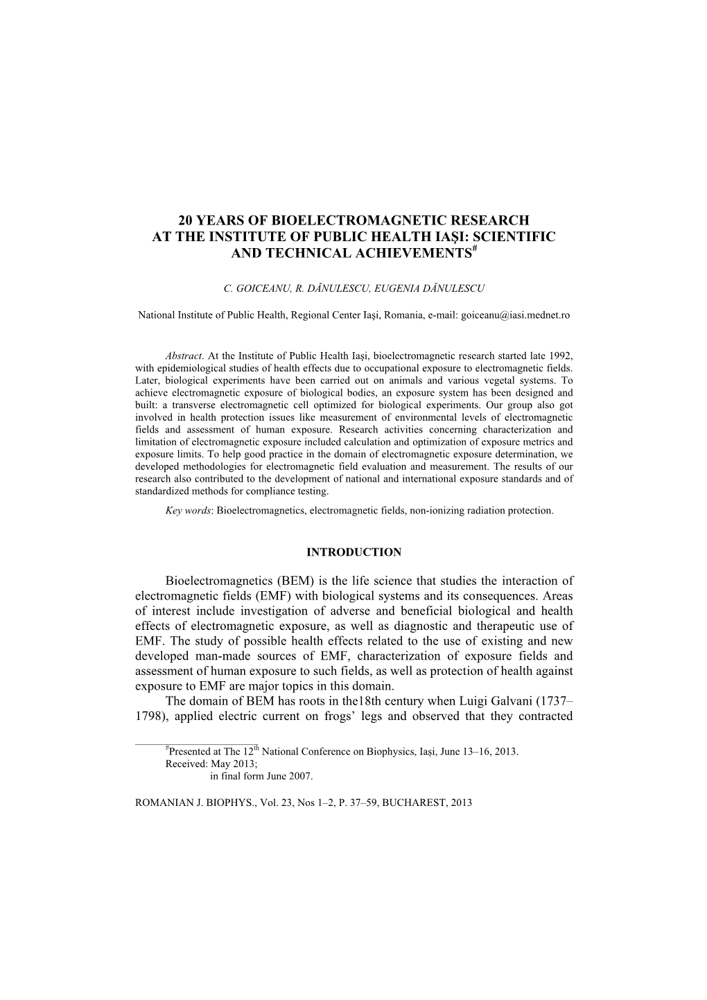 20 Years of Bioelectromagnetic Research at the Institute of Public Health Iaşi: Scientific and Technical Achievements