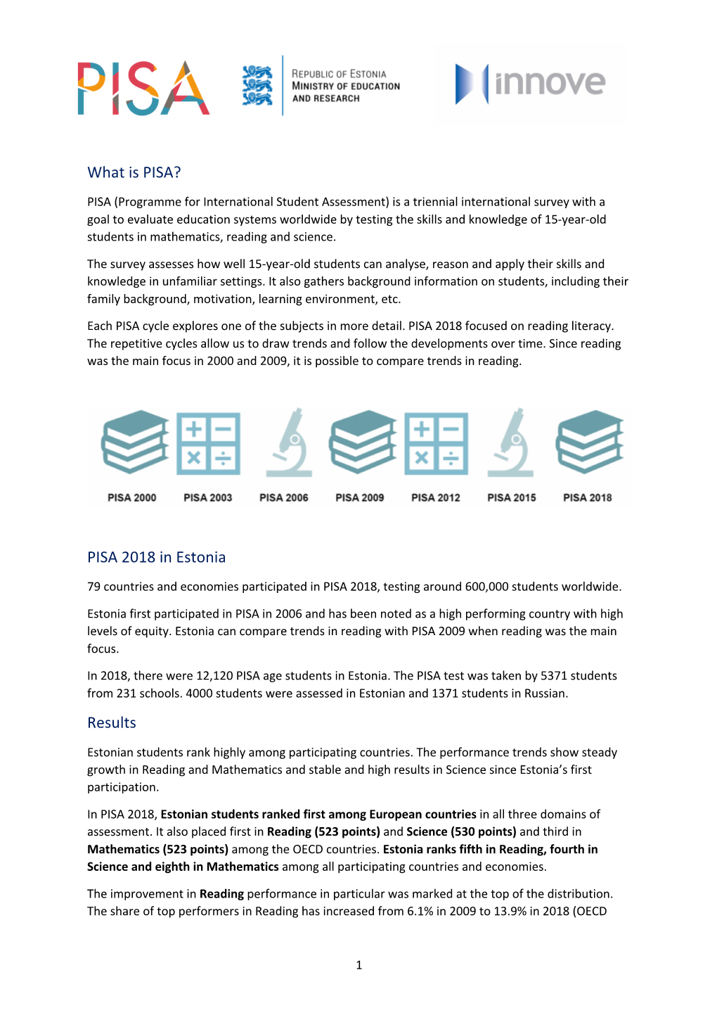 What Is PISA? PISA 2018 in Estonia Results