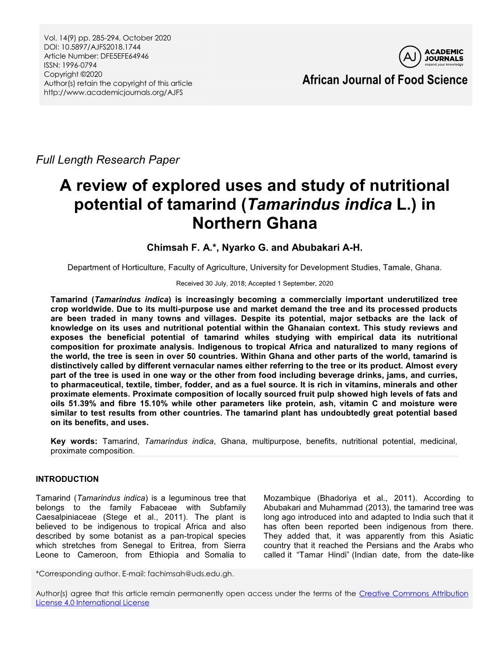 A Review of Explored Uses and Study of Nutritional Potential of Tamarind (Tamarindus Indica L.) in Northern Ghana