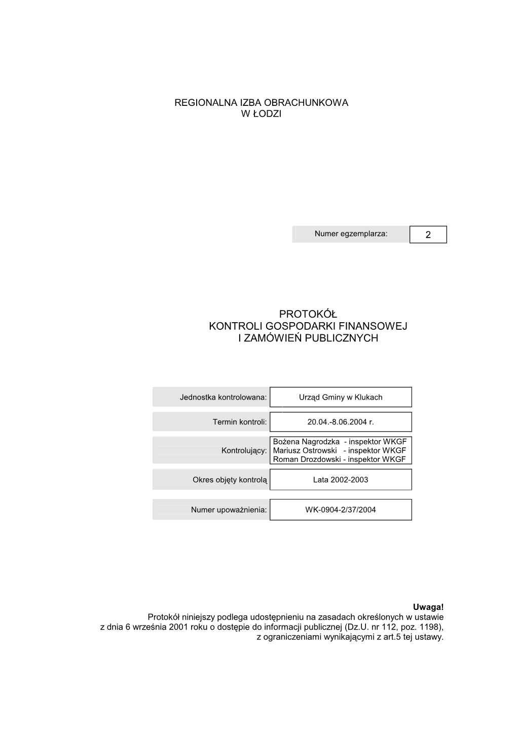 Protokół Kontroli Gospodarki Finansowej I Zamówie Ń Publicznych