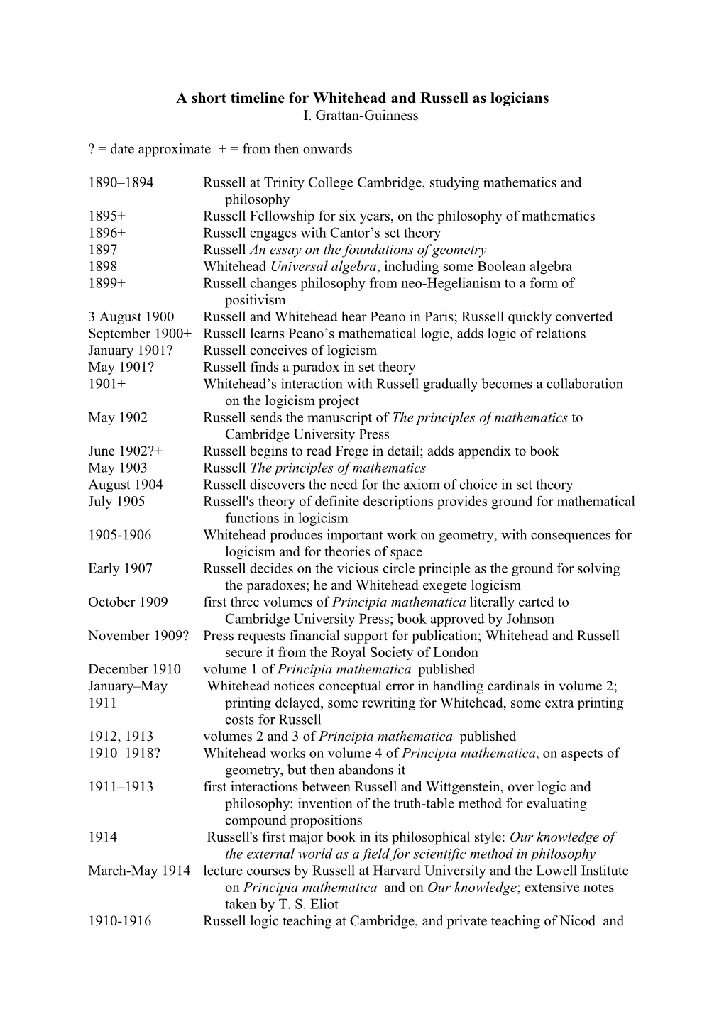 A Timeline for Whitehead and Russell As Logician's