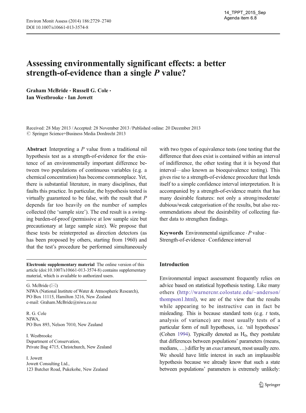 Assessing Environmentally Significant Effects: a Better Strength-Of-Evidence Than a Single P Value?