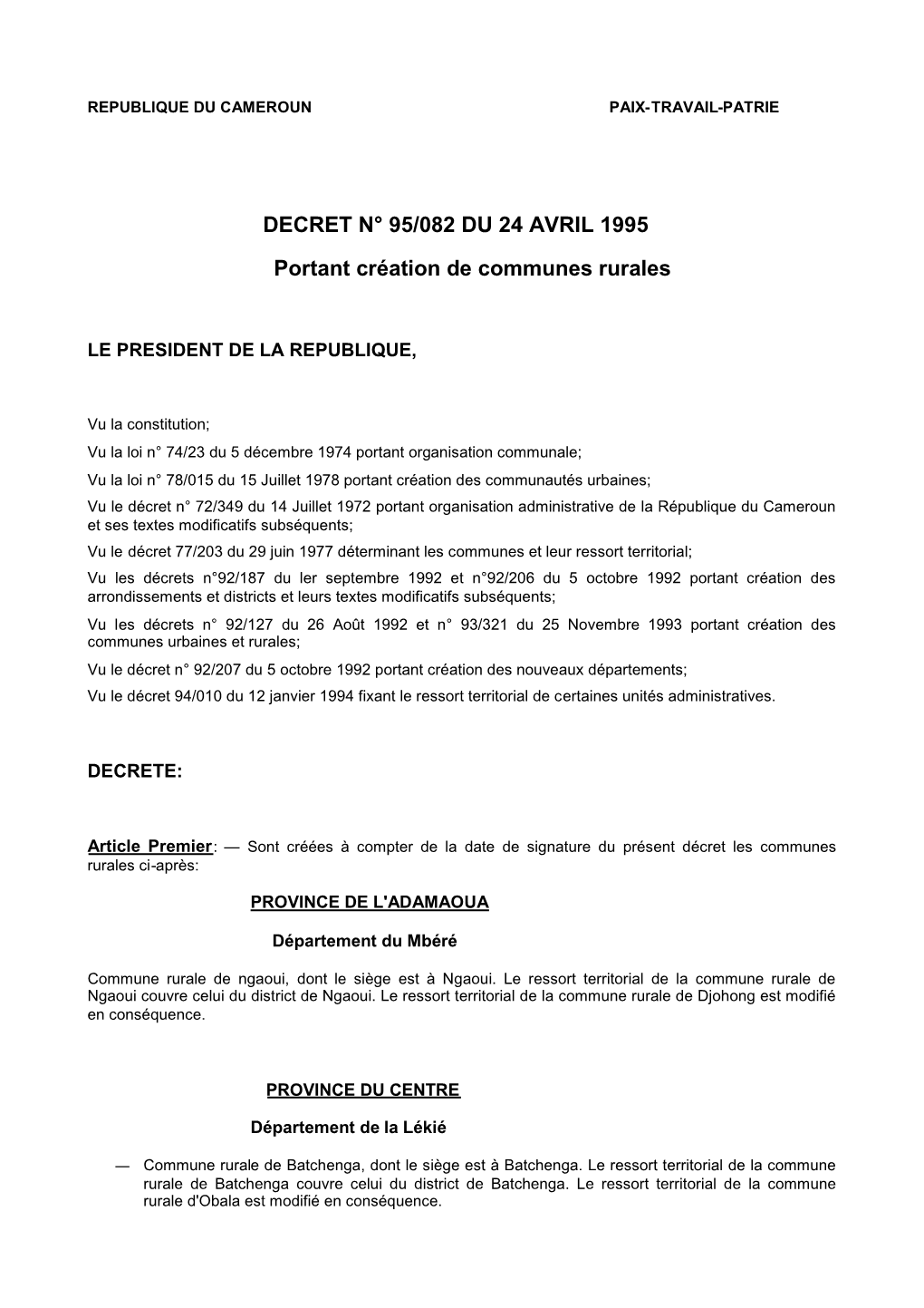 DECRET N° 95/082 DU 24 AVRIL 1995 Portant Création De Communes Rurales