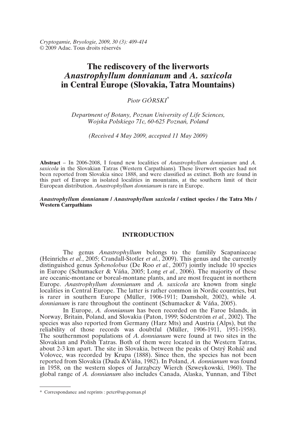 The Rediscovery of the Liverworts Anastrophyllum Donnianum and A