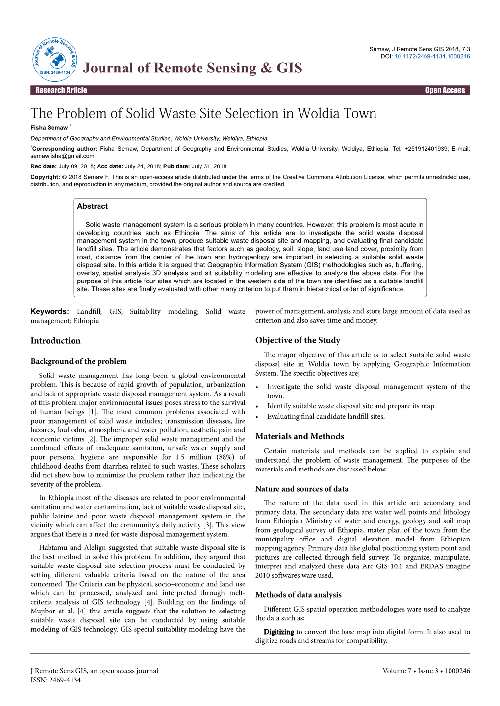 The Problem of Solid Waste Site Selection in Woldia Town