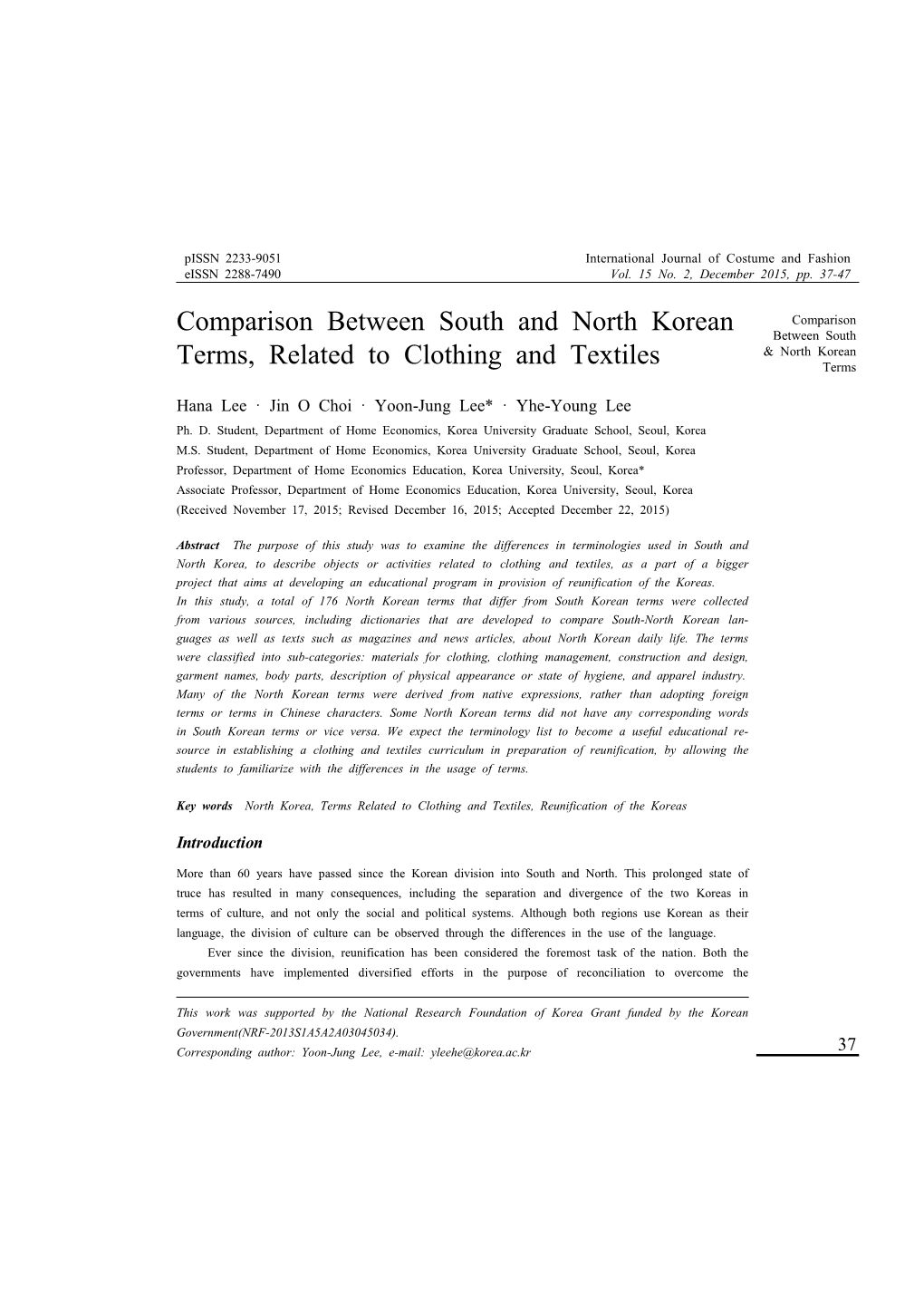 Comparison Between South and North Korean Terms, Related To