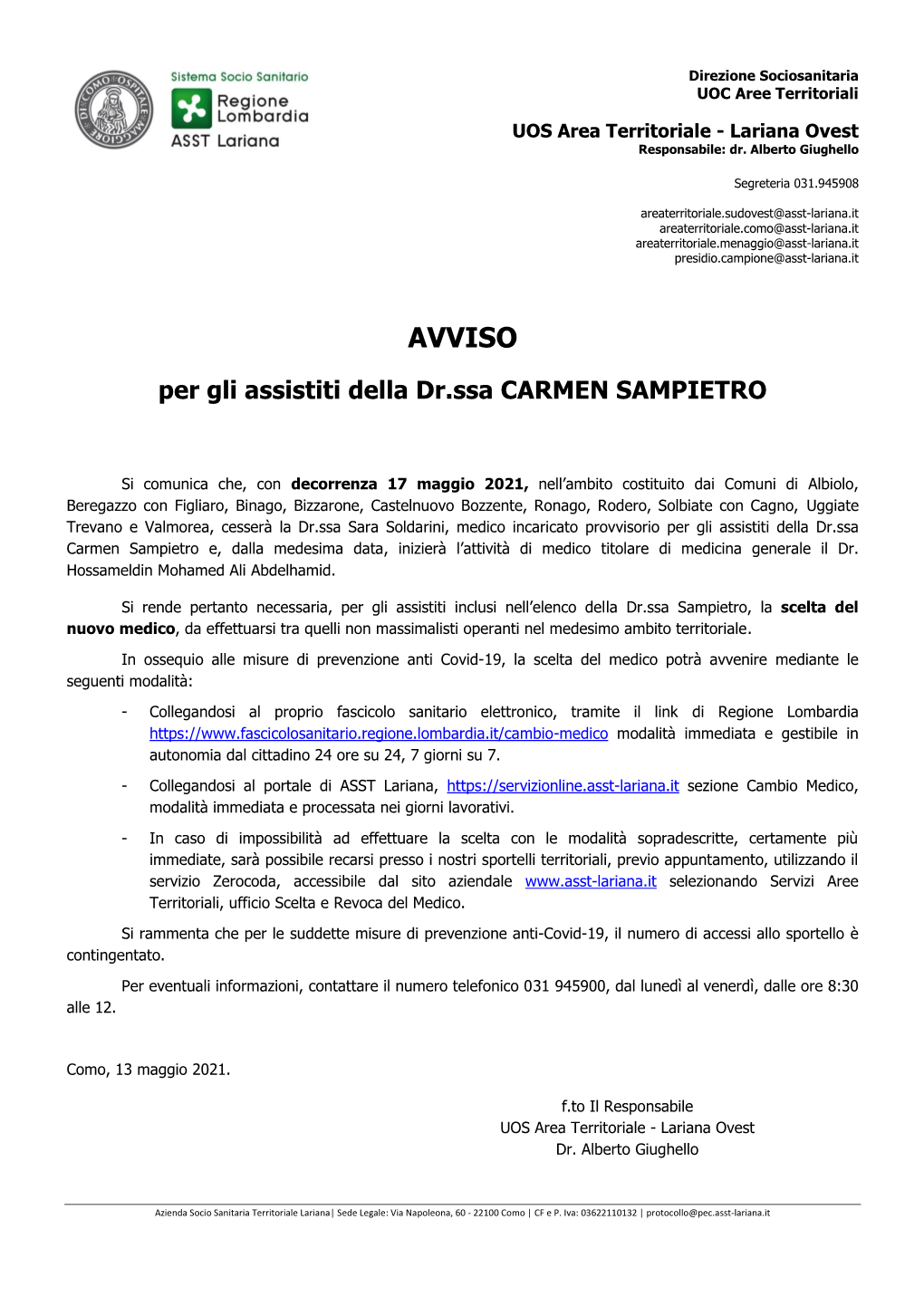 Avviso Dr.Ssa Carmen Sampietro 13Mag2021