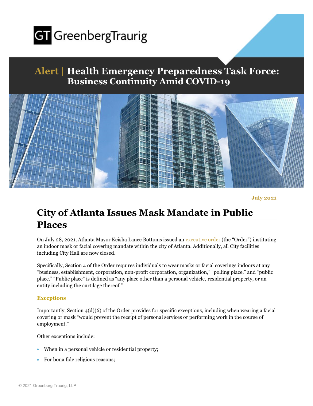 GT Alert City of Atlanta Issues Mask Mandate in Public Places