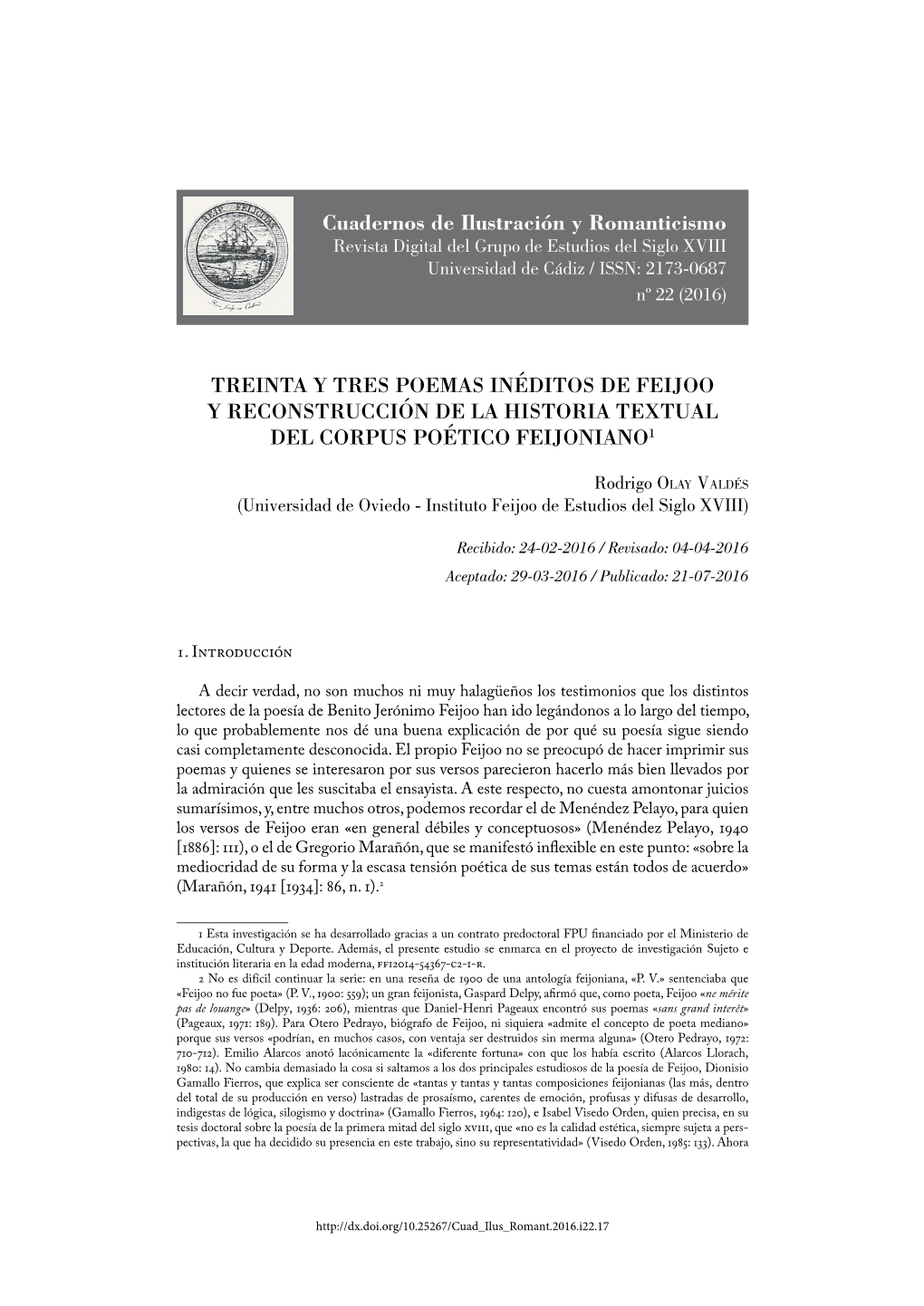 Treinta Y Tres Poemas Inéditos De Feijoo Y Reconstrucción De La Historia Textual Del Corpus Poético Feijoniano1