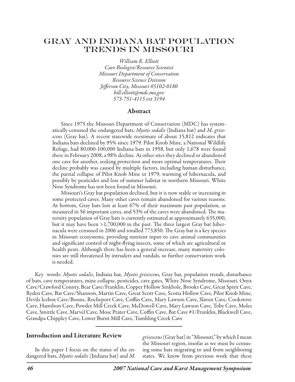 Gray and Indiana Bat Population Trends in Missouri