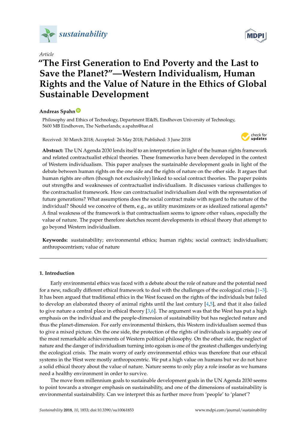 Western Individualism, Human Rights and the Value of Nature in the Ethics of Global Sustainable Development