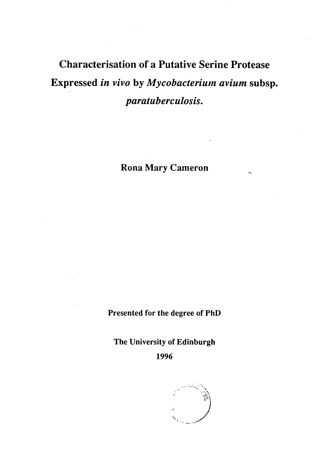 Characterisation of a Putative Serine Protease Expressed in Vivo by Mycobacterium Avium Subsp