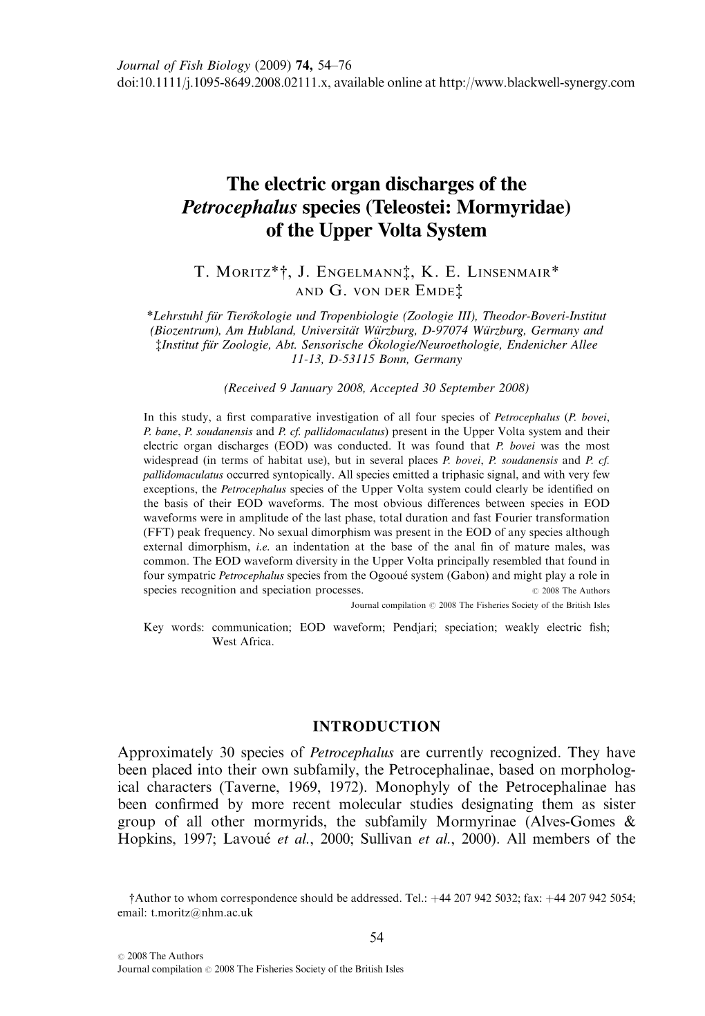 The Electric Organ Discharges of the Petrocephalus Species (Teleostei: Mormyridae) of the Upper Volta System