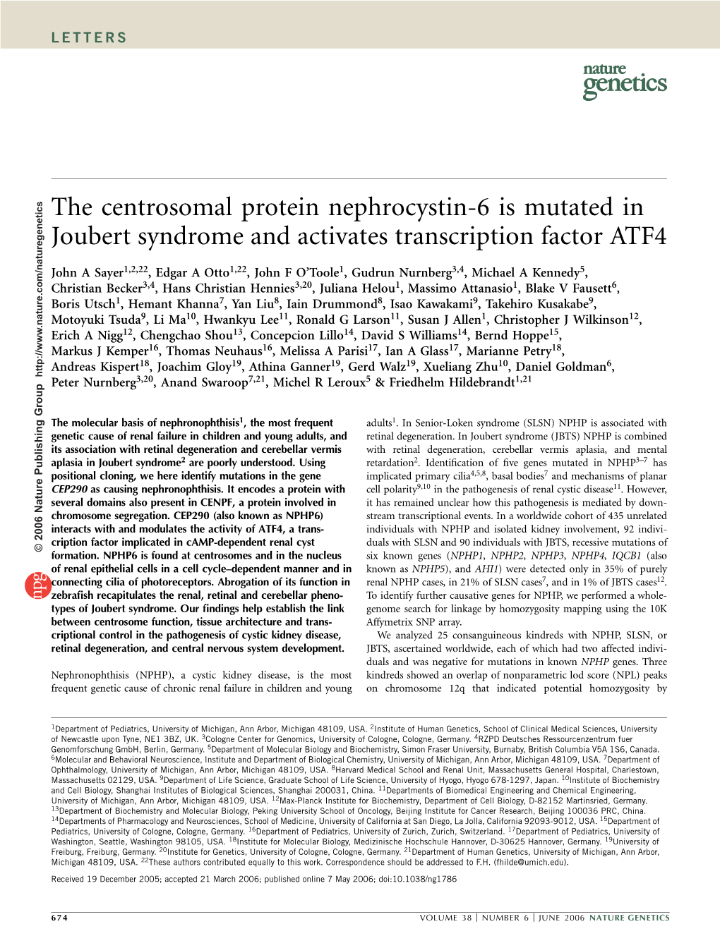 The Centrosomal Protein Nephrocystin-6 Is Mutated in Joubert Syndrome and Activates Transcription Factor ATF4