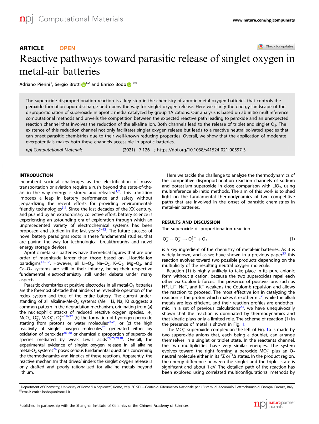 Reactive Pathways Toward Parasitic Release of Singlet Oxygen in Metal-Air Batteries ✉ Adriano Pierini1, Sergio Brutti 1,2 and Enrico Bodo 1