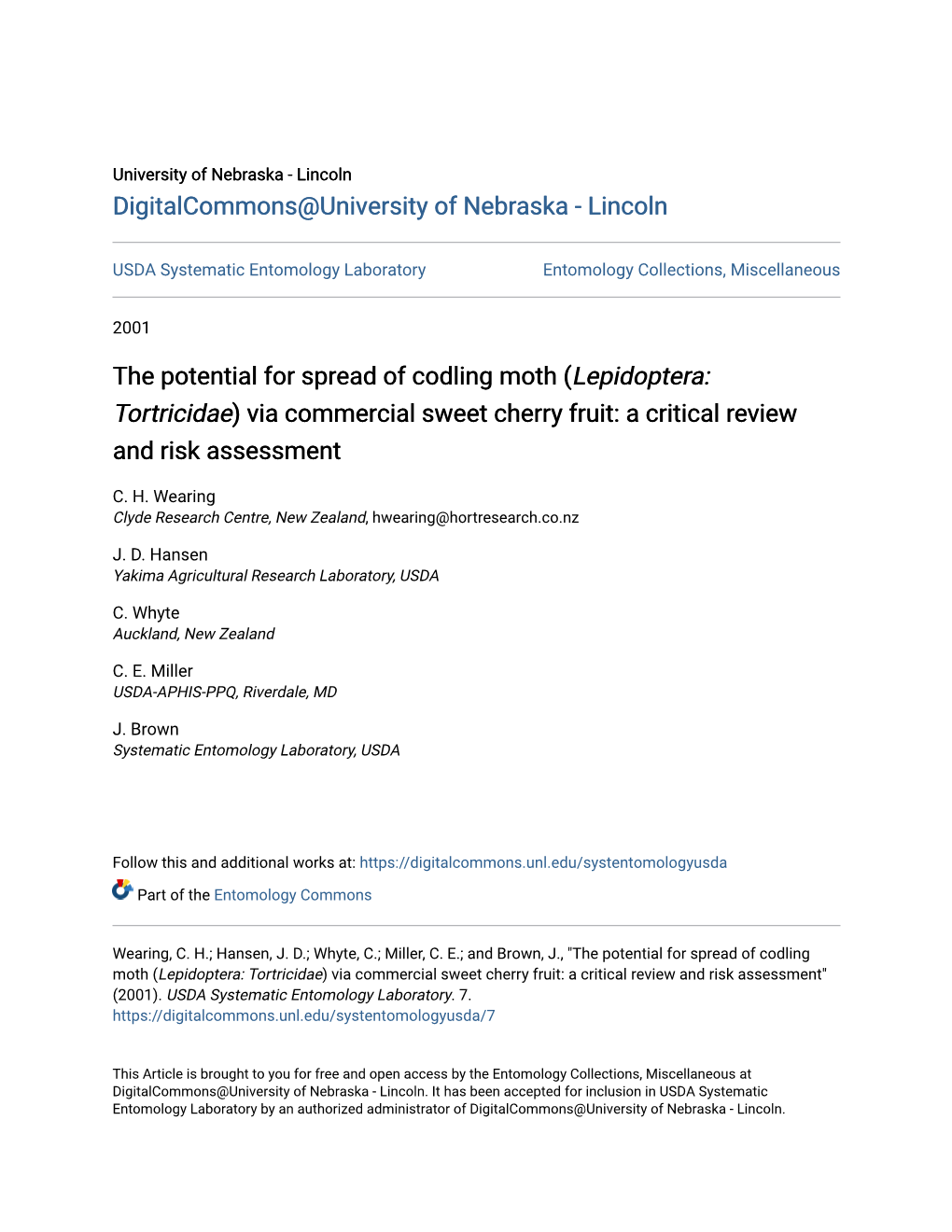 The Potential for Spread of Codling Moth (Lepidoptera: Tortricidae) Via Commercial Sweet Cherry Fruit: a Critical Review and Risk Assessment