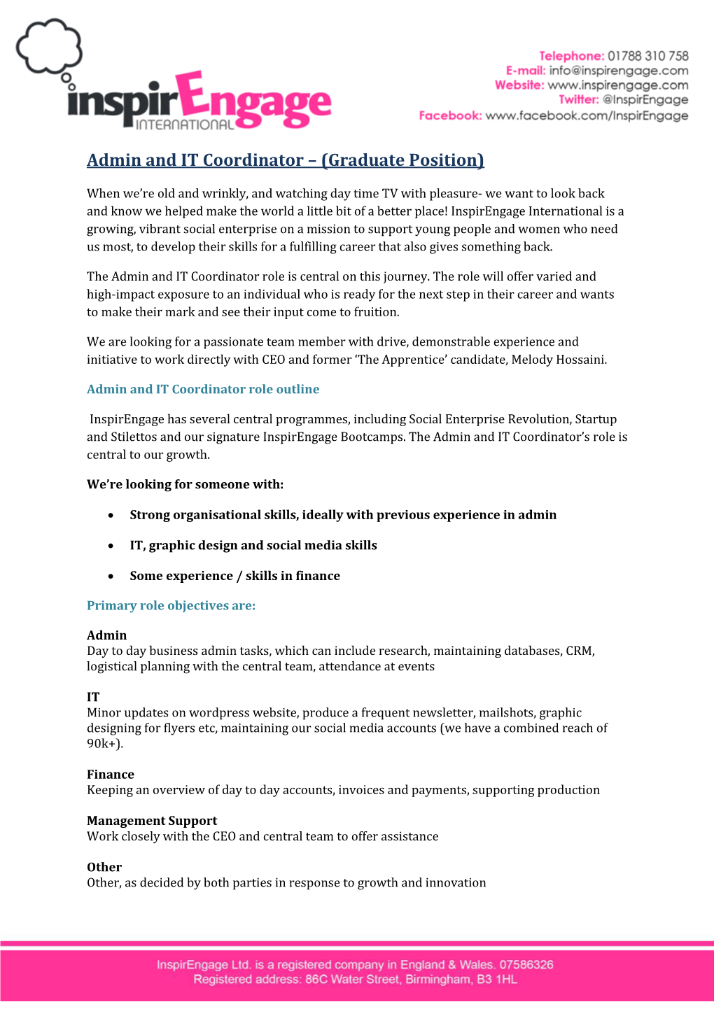 Inspirengage Admin and IT Coordinator Graduate Role (PDF