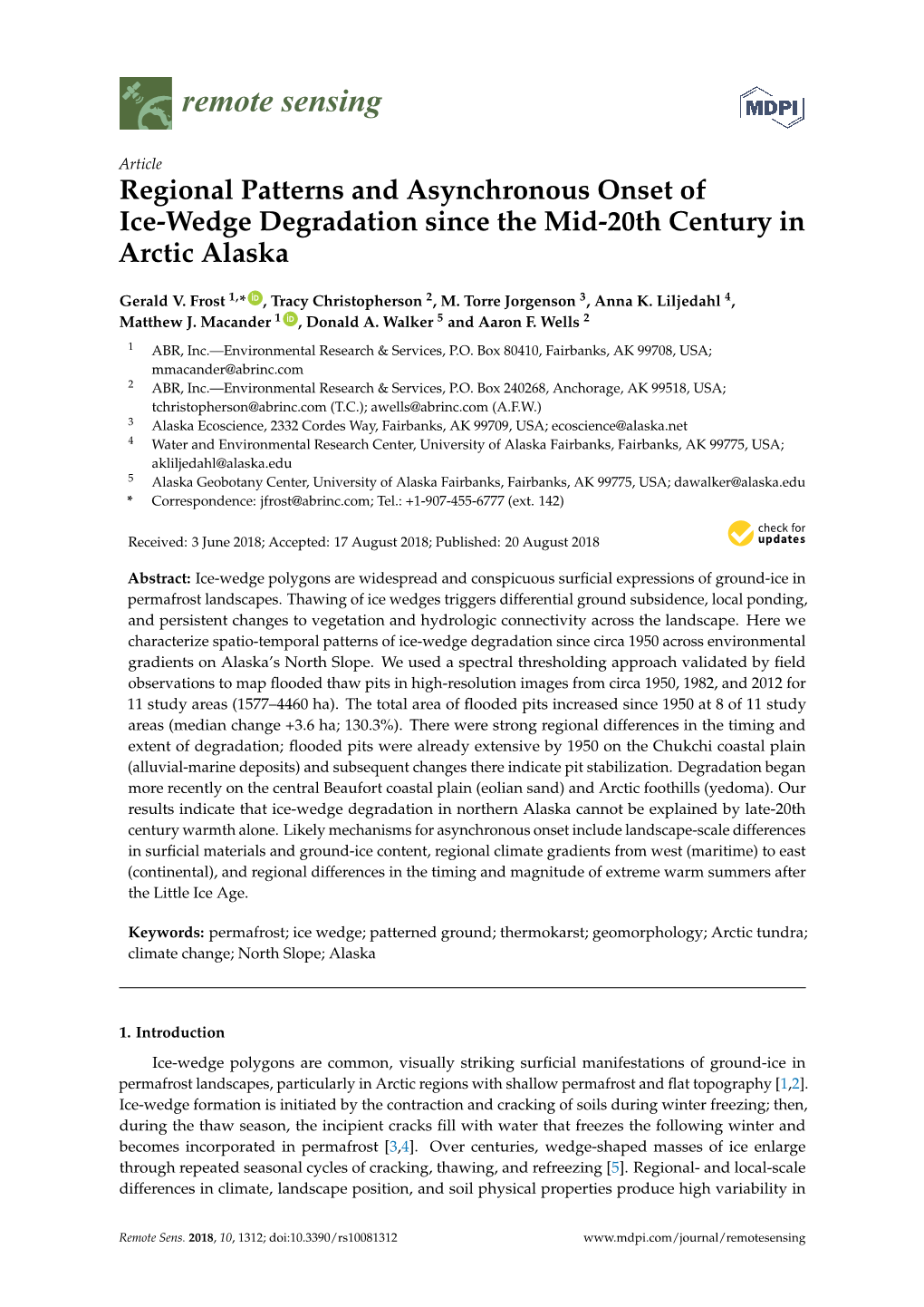 Regional Patterns and Asynchronous Onset of Ice-Wedge Degradation Since the Mid-20Th Century in Arctic Alaska