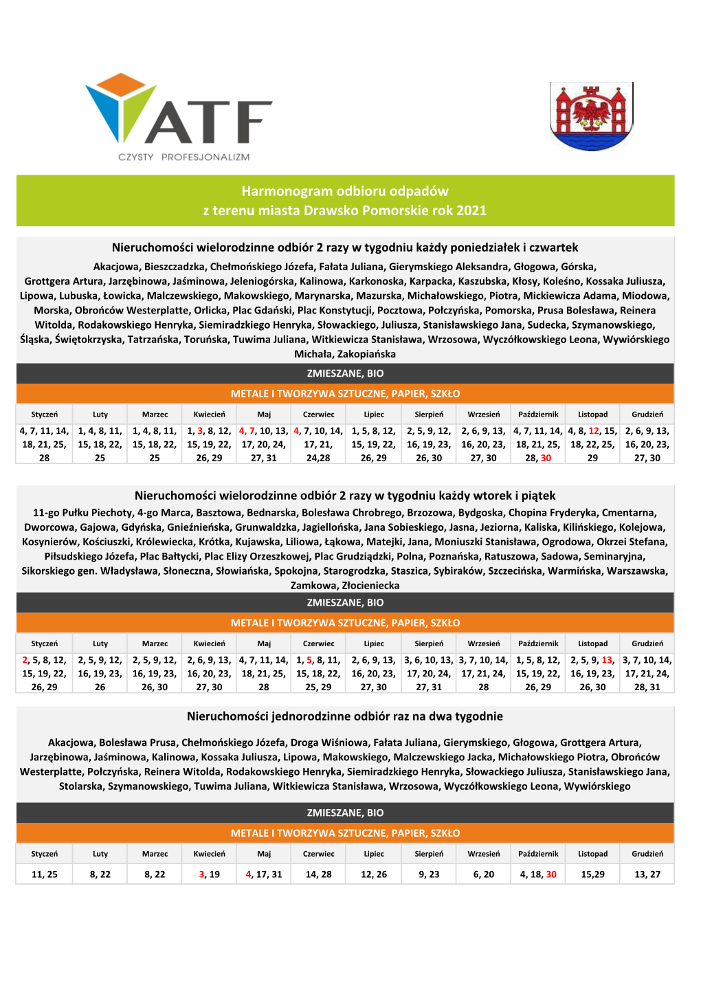 Harmonogram Odbioru Odpadów Z Terenu Miasta Drawsko Pomorskie Rok 2021