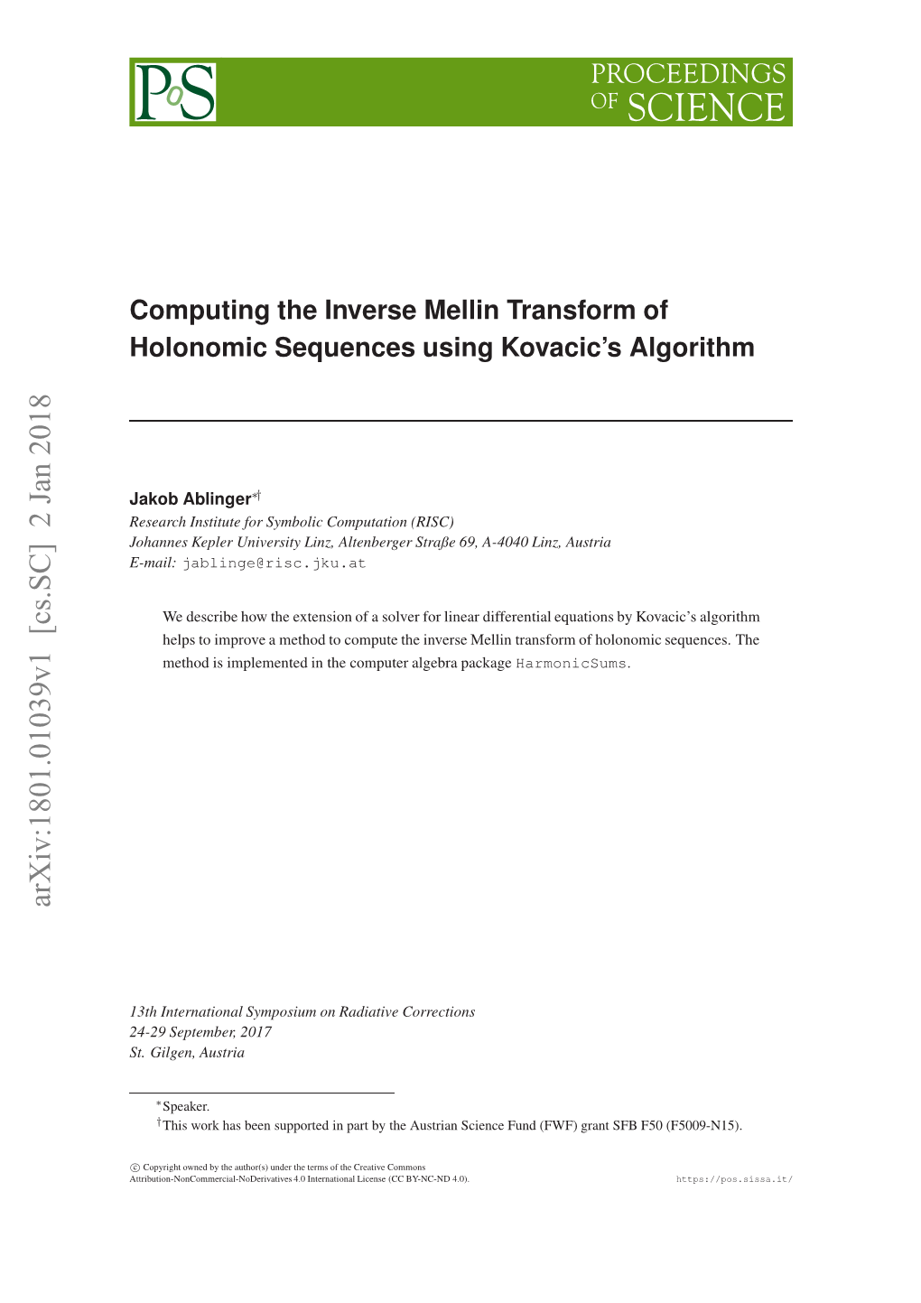 Computing the Inverse Mellin Transform of Holonomic Sequences Using Kovacic's Algorithm