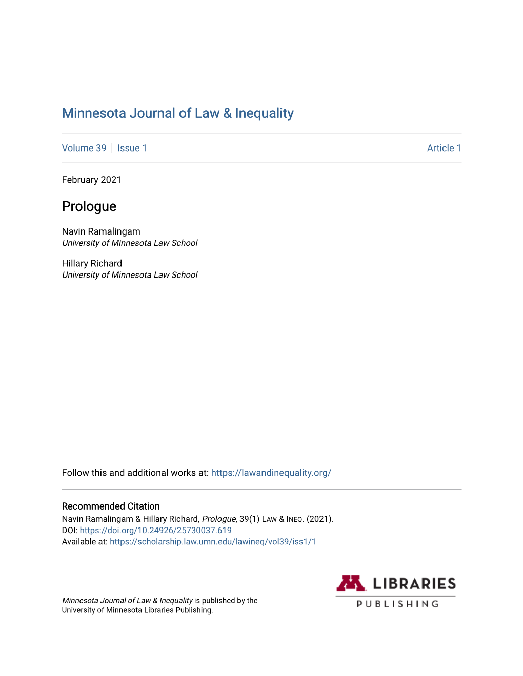 Minnesota Journal of Law & Inequality Prologue