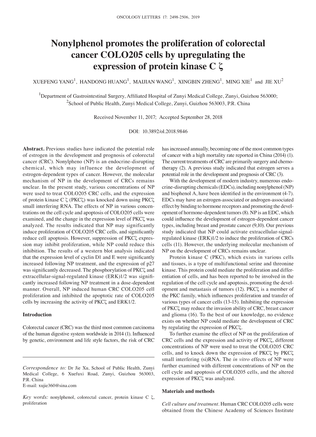 Nonylphenol Promotes the Proliferation of Colorectal Cancer COLO205 Cells by Upregulating the Expression of Protein Kinase C Ζ