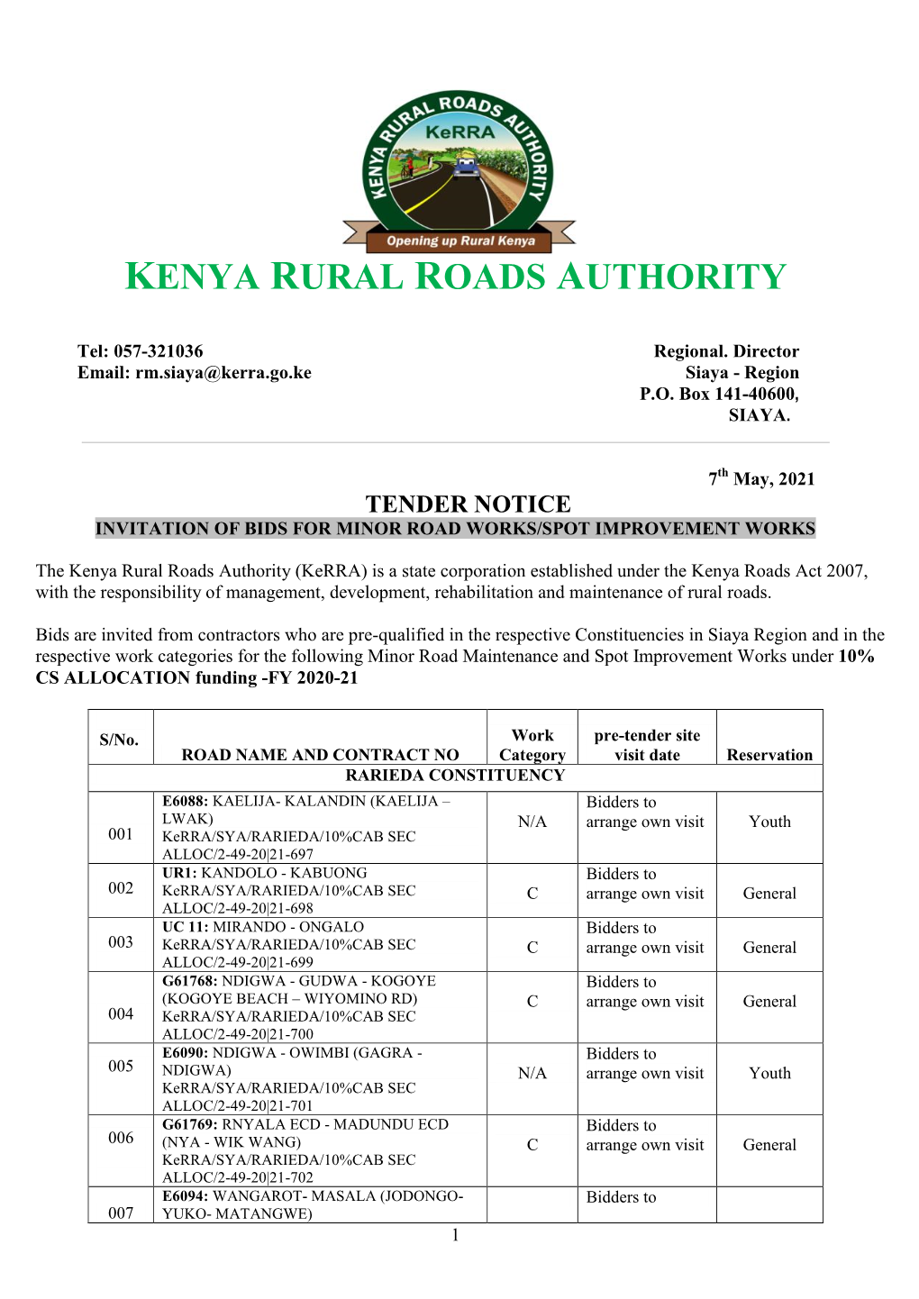 Download the Tender Documents from the Kenya Rural Roads Authority (Kerra) Website: from Wednesday 12Th May, 2021
