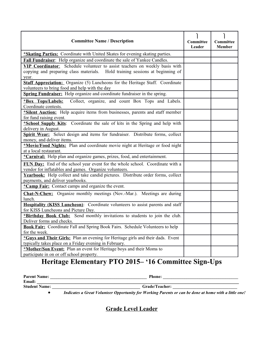 Heritage Elementary PTO 2015 16 Committee Sign-Ups