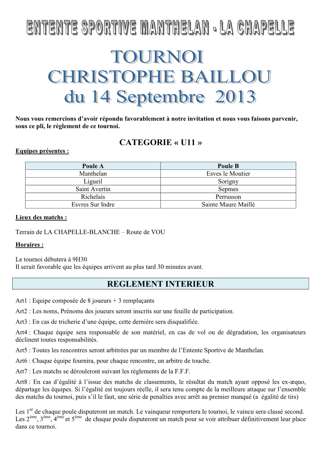 Categorie « U11 » Reglement Interieur