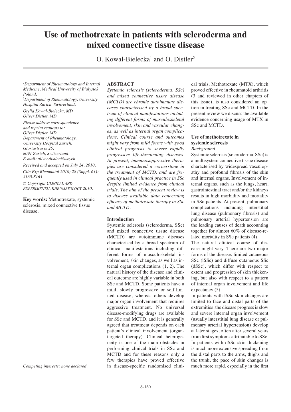 Use of Methotrexate in Patients with Scleroderma and Mixed Connective Tissue Disease O