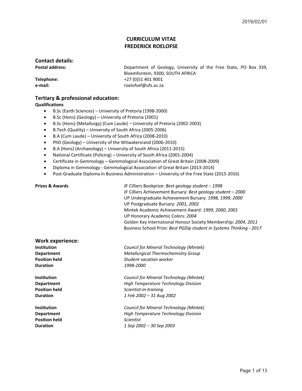 CURRICULUM VITAE FREDERICK ROELOFSE Contact Details