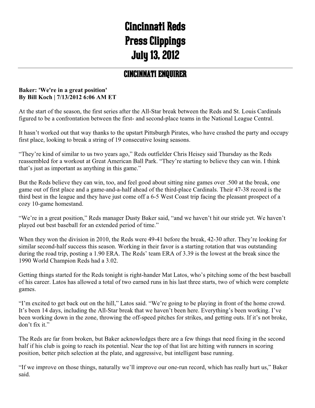 Cincinnati Reds Press Clippings July 13, 2012